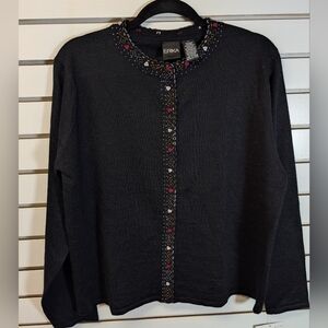 Erika Black Beaded and Embroidered Cardigan Size Large NWT